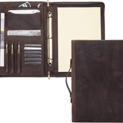 Genuine Leather 3 Ring Binder Portfolio, 8.5 X 14 Legal Size Pad Holder, Hidden Handle, Zippered Padfolio
