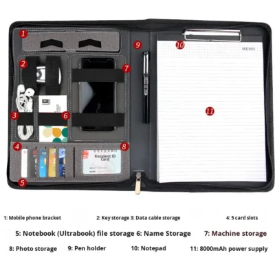 A4 Pu Clipboard File Folder Book with Power Bank Charging Manager Multifunctional Storage Bag Portable